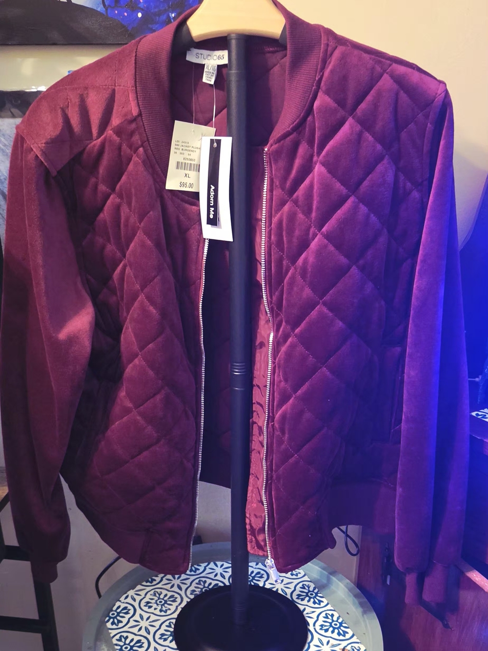Studio 65 Quilted Velvet Bomber Jacket - Wine